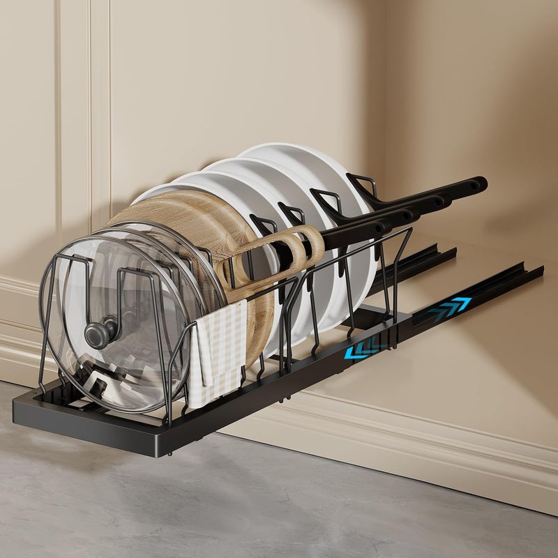 Magheo Pots and Pans Organizer Under Cabinet, 22" Deep Expandable Pull Out Pot Lid Organizer and Storage with 10 Adjustable Dividers No Drill Pot and Pan Holder Rack with Handle Bracket(1 Pack,Black) - Image 1